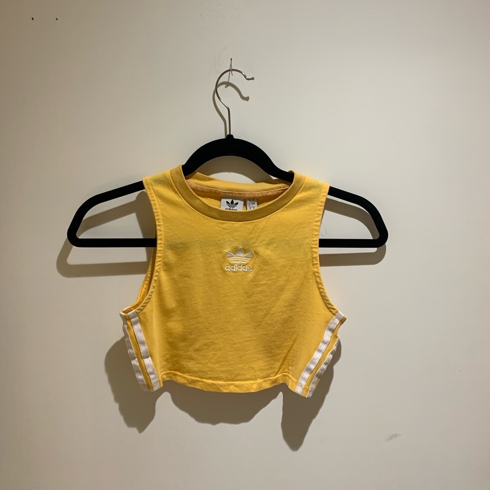 Adidas yellow crop top and suede like pant set